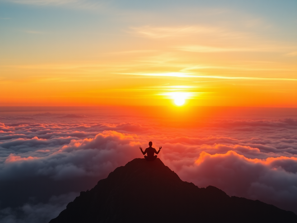 Een persoon die mediteert op een bergtop bij zonsopgang.