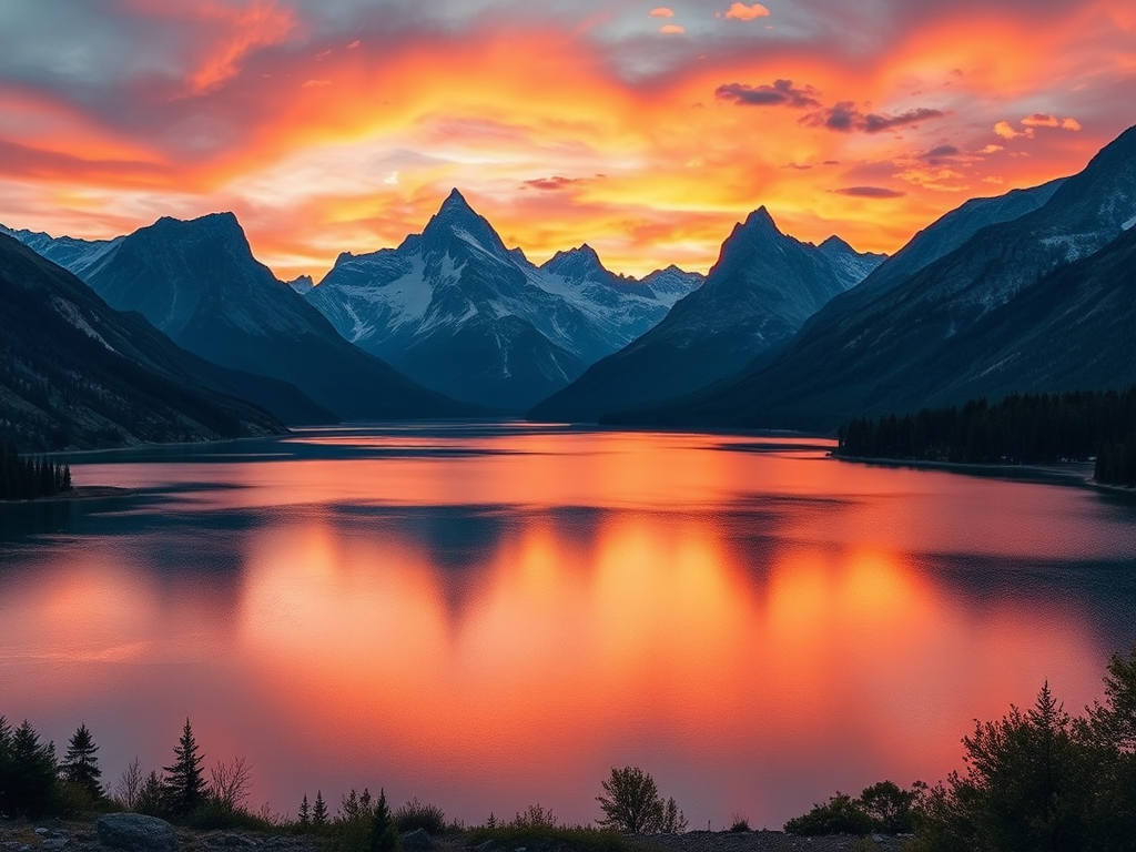 Rustig landschap met een meer en bergen bij zonsondergang.