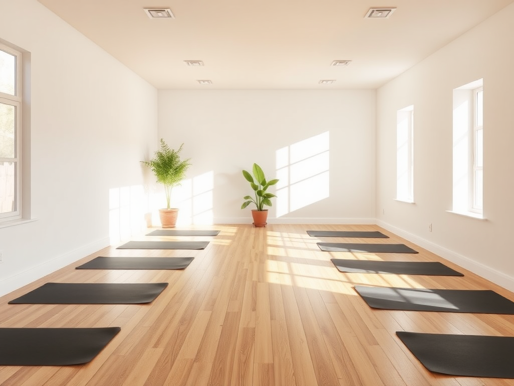 Een serene yogastudio met houten vloeren en planten.