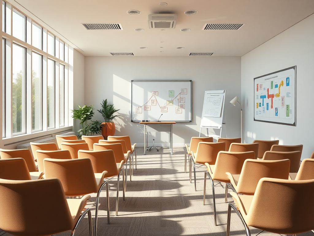 Een rustige trainingsruimte met veel natuurlijk licht.