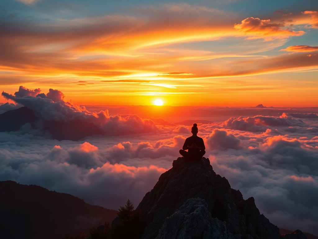 Een persoon mediteert op een bergtop bij zonsopgang.