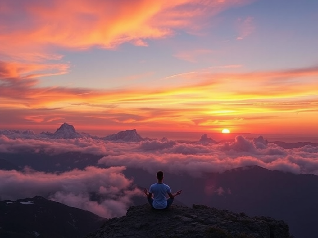 Een persoon mediteert op een bergtop bij zonsopgang.