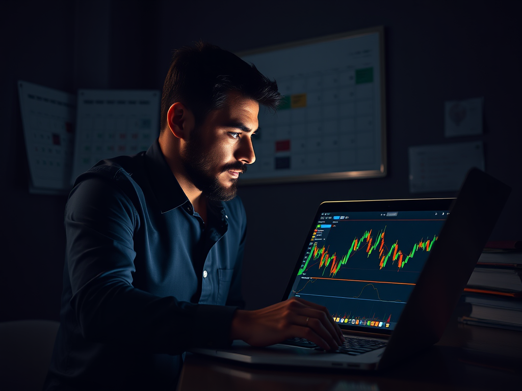 "a focused trader" "an open laptop with forex charts" "candlestick graphs glowing" "dim room with soft light" "mentor guiding intently" "six-month calendar subtly in background" "complex market structure visuals floating"