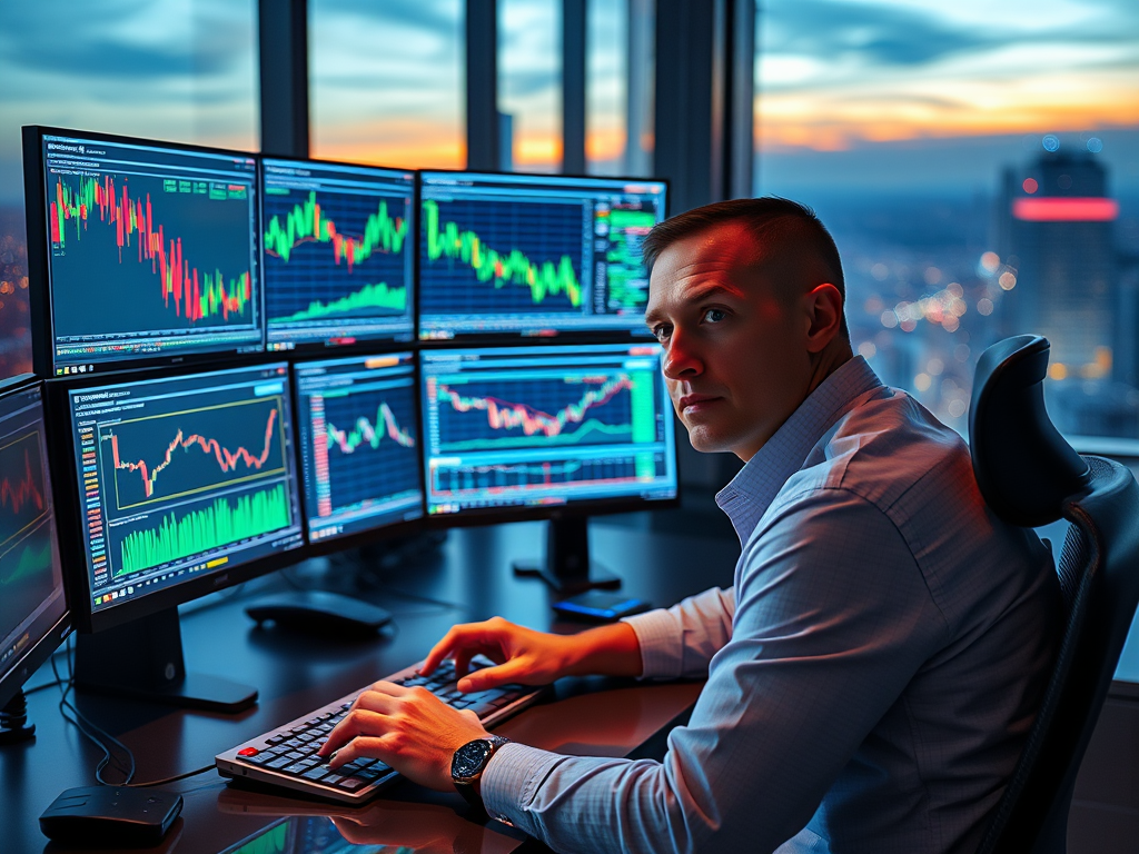 A focused trader at a sleek desk, multiple glowing monitors displaying complex forex charts with multi-timeframe graphs, calm expression, evening cityscape background.