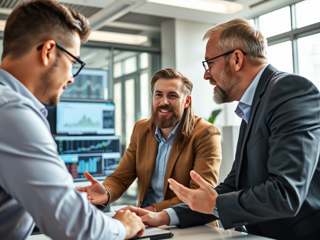 "professional male coach" guiding "diverse traders" in a modern office, with "charts and graphs" on screens, focused expressions, bright natural light.