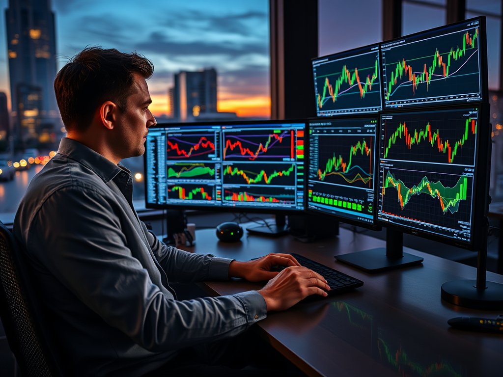 A focused trader at a sleek desk, multiple glowing monitors displaying complex forex charts with multi-timeframe graphs, calm expression, evening cityscape background.