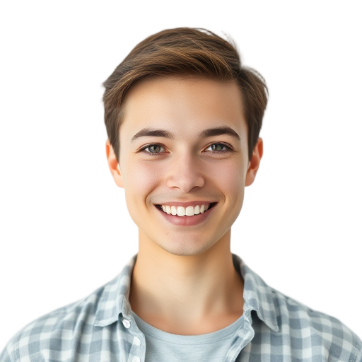 A confident person smiling to the camera with a white background looking like