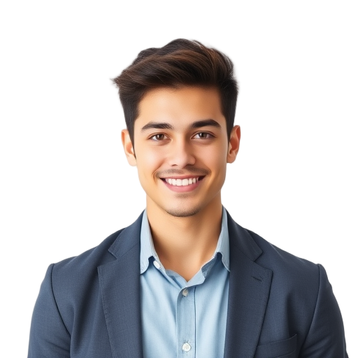 A person smiling to the camera with a white background looking like