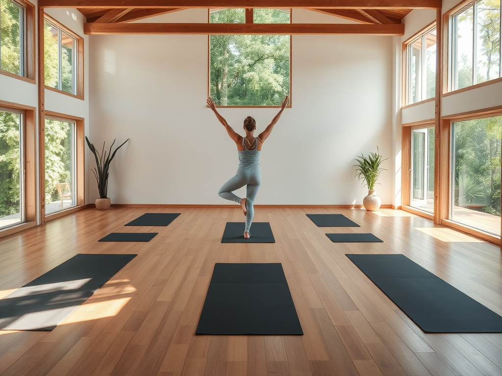 Een serene yogastudio met houten vloeren en natuurlijk licht.