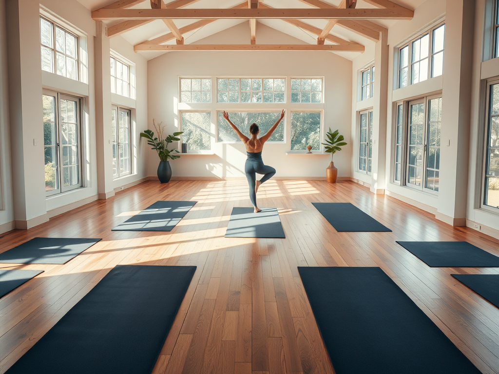 Een serene yogastudio met houten vloeren en natuurlijk licht.