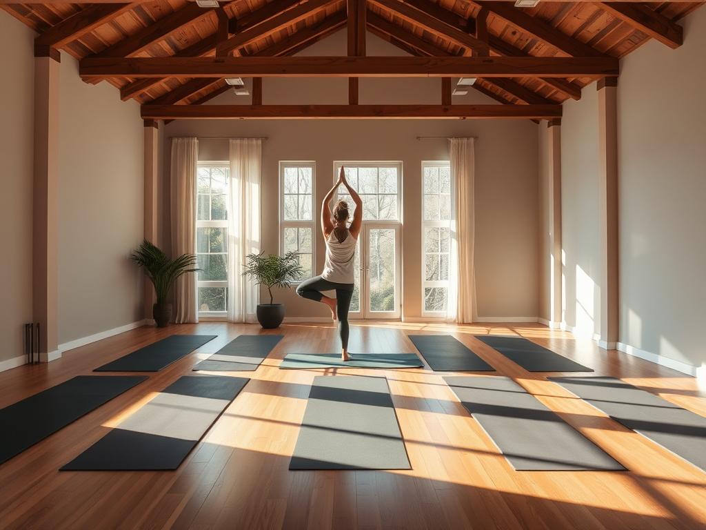Een serene yogastudio met houten vloeren en natuurlijk licht.