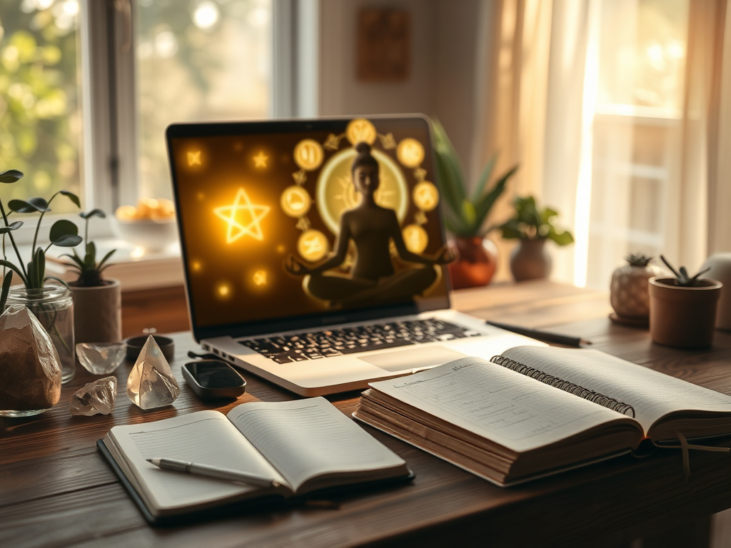 A serene workspace with "a laptop open showing glowing spiritual symbols," "a person meditating with soft light around," "crystals and plants on a wooden desk," "sunlight streaming through a window," "calm, earthy tones," "a notebook with handwritten note