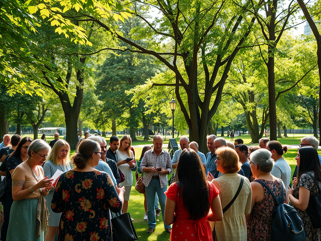 Een diverse groep mensen in een groen park.