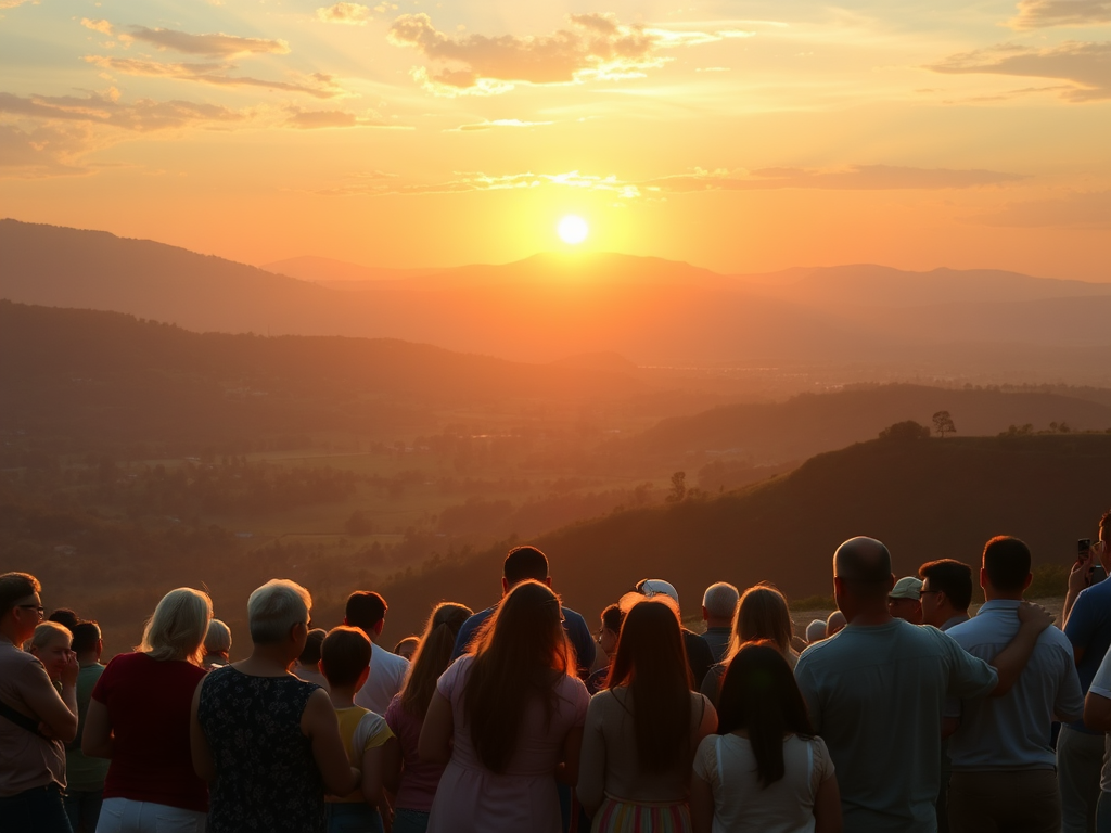 Een groep mensen kijkt naar de zonsopgang in een vallei.