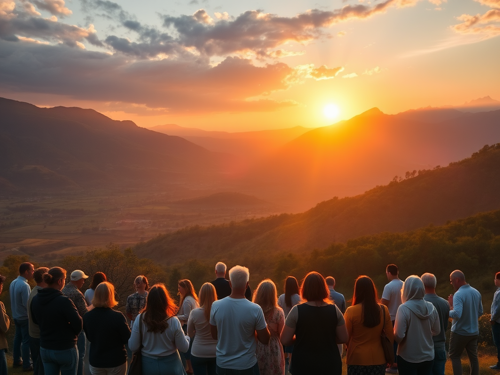 Een groep mensen in gebed bij zonsopgang in een vallei.