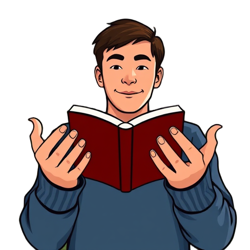 Jongen die een boek vasthoudt en glimlacht.