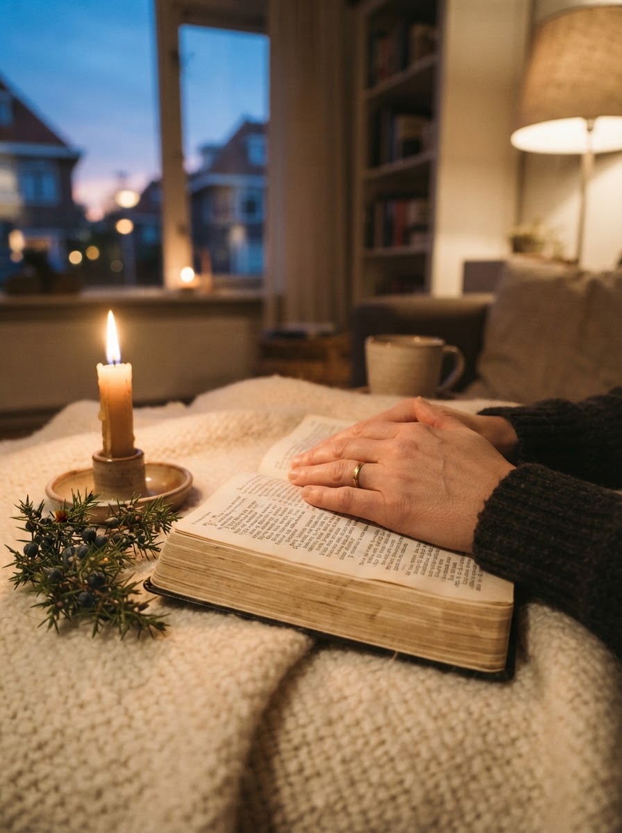 Handen op een open Bijbel bij kaarslicht op een decemberavond
