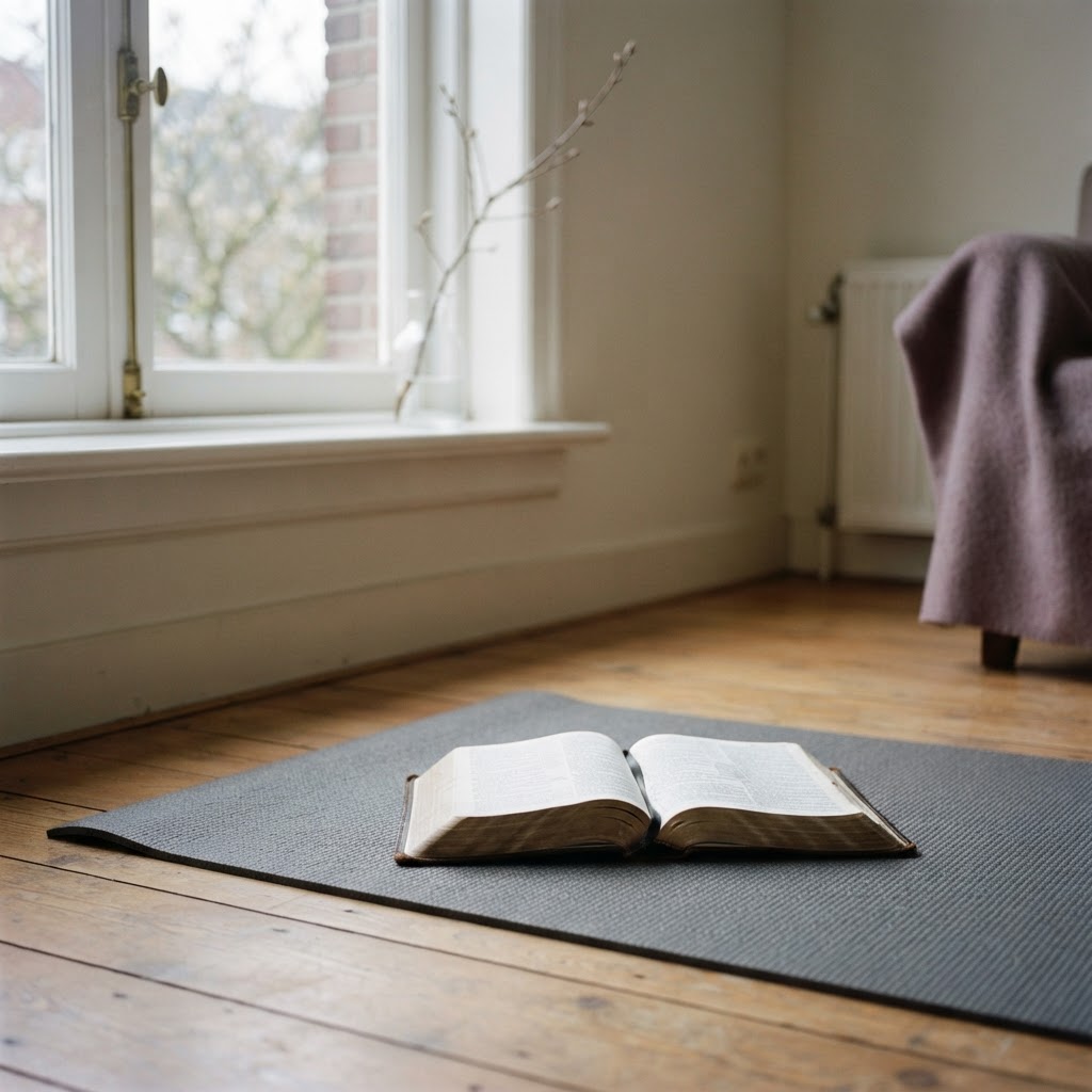 Open Bijbel op een mat in een lichte, sobere kamer