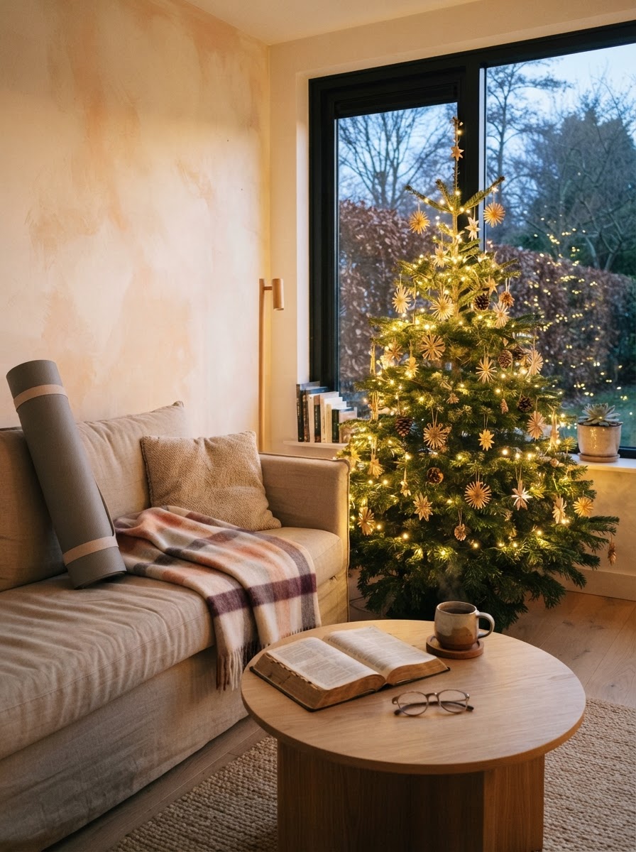 Opgerolde mat bij de bank in een huiskamer met kerstboom, Bijbel en thee