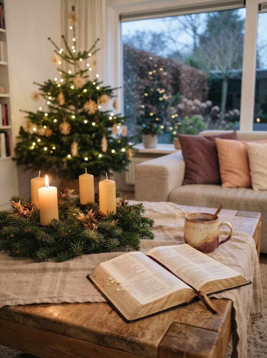 Adventskrans met de eerste brandende kaars naast een open Bijbel, op de achtergrond een kerstboom met strosterren