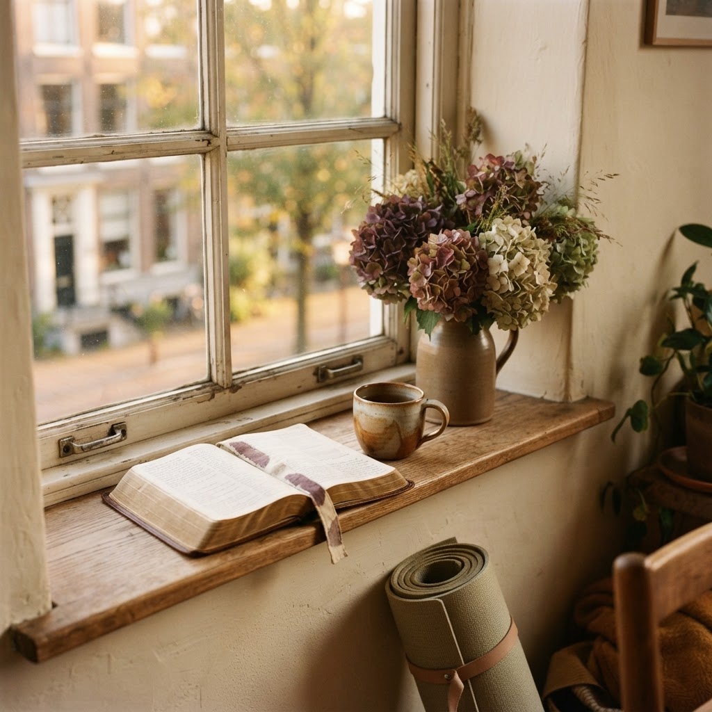 Open Bijbel en een mok op de vensterbank bij een vaas met hortensia's, met een opgerolde mat ernaast