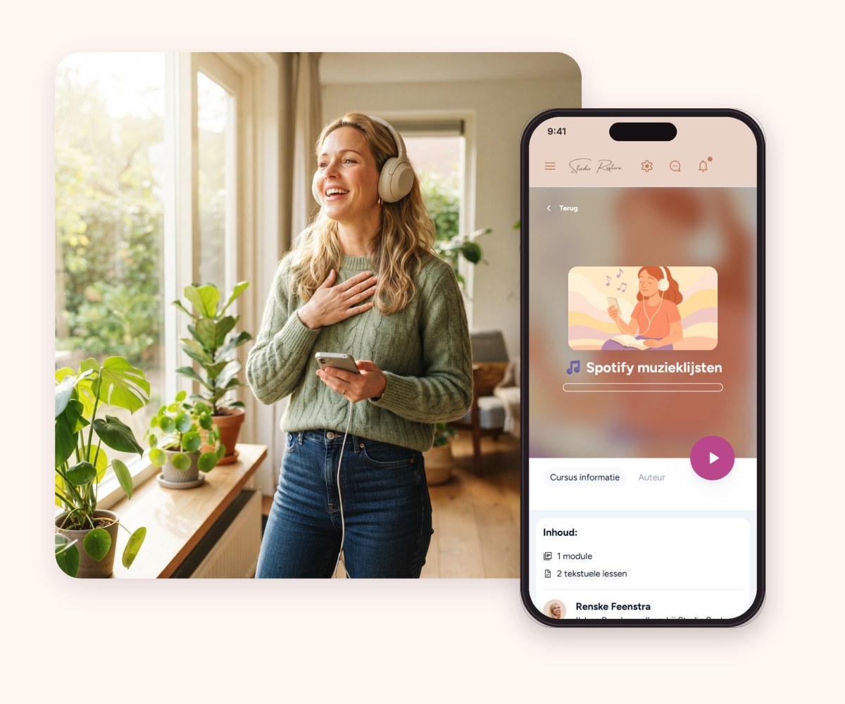 Vrouw met koptelefoon bij het raam, naast een telefoon met de Spotify-muzieklijsten van Studio Restore