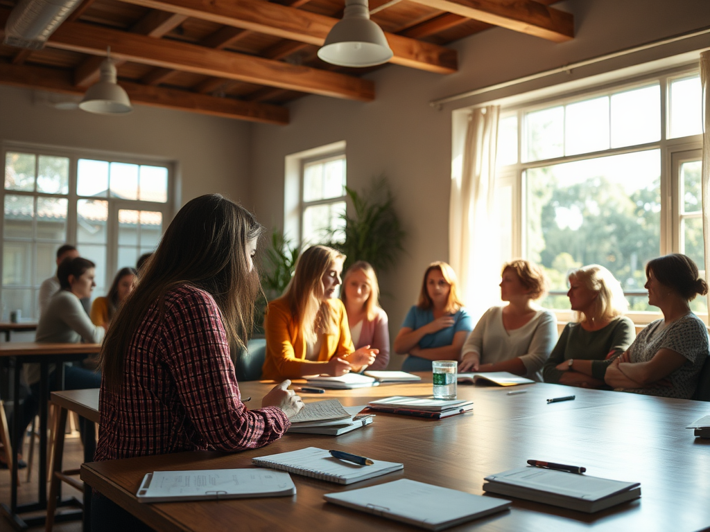 Vrouwen in een workshop, gezelligheid en natuurlijk licht.