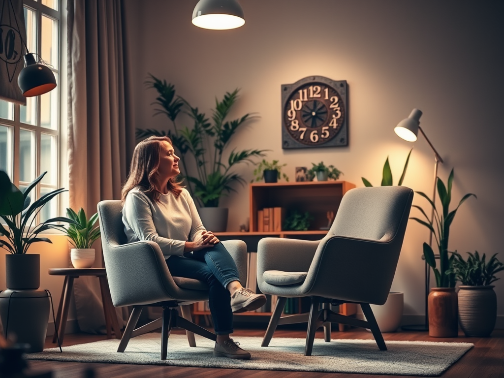 Een serene kantoorruimte met planten en comfortabele stoelen.