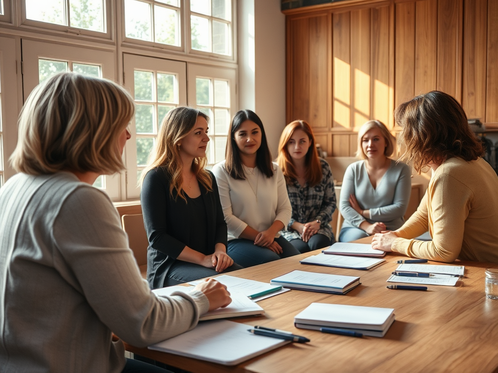 Vrouwelijke deelnemers in een workshop, licht en notebooks aanwezig.