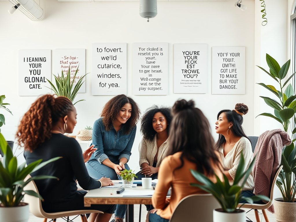 Een diverse groep vrouwen in een moderne werkruimte, in gesprek.