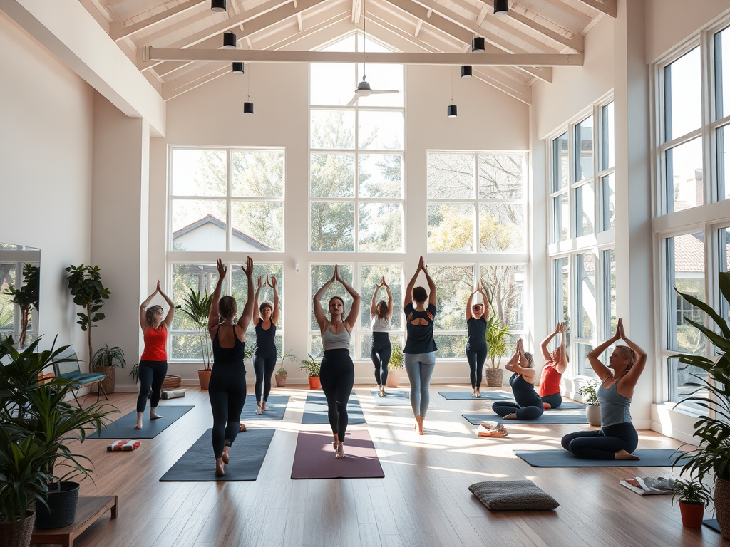Een rustige yogastudio met zonlicht en diverse beoefenaars.