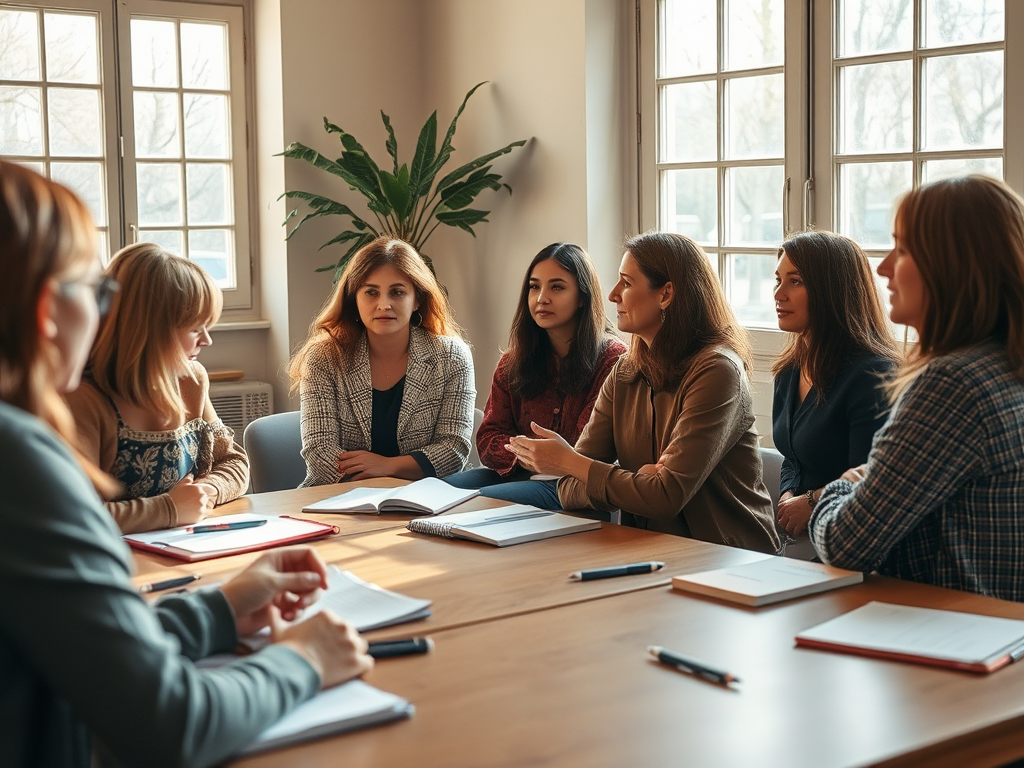 Een groep vrouwen in een workshop, met notitieboekjes en pennen.