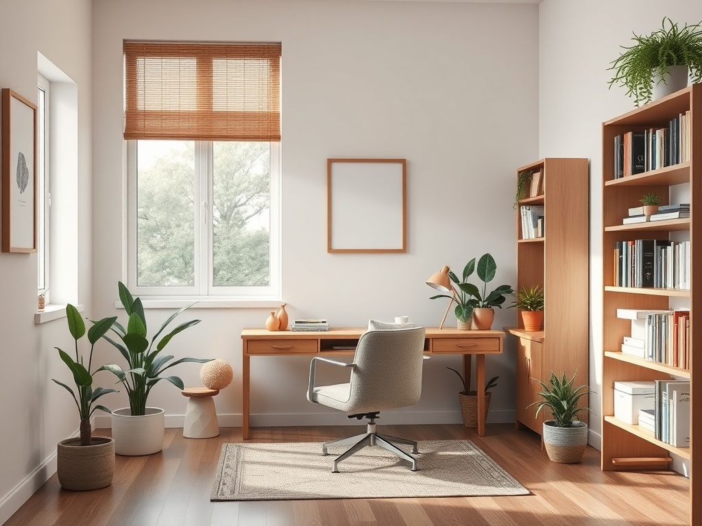 A calm, professional therapy office with "a cozy chair," "a wooden desk," "soft natural lighting," "plants," and "organized bookshelves," balanced and inviting.