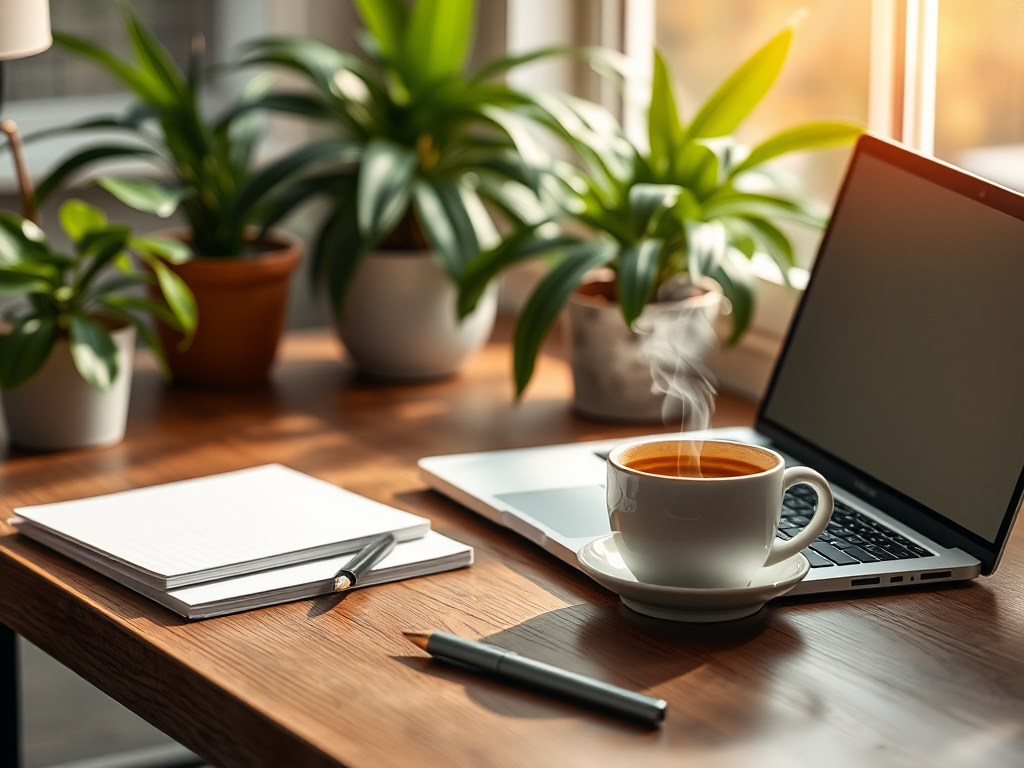 Een rustig bureau met een laptop, notities en koffie.