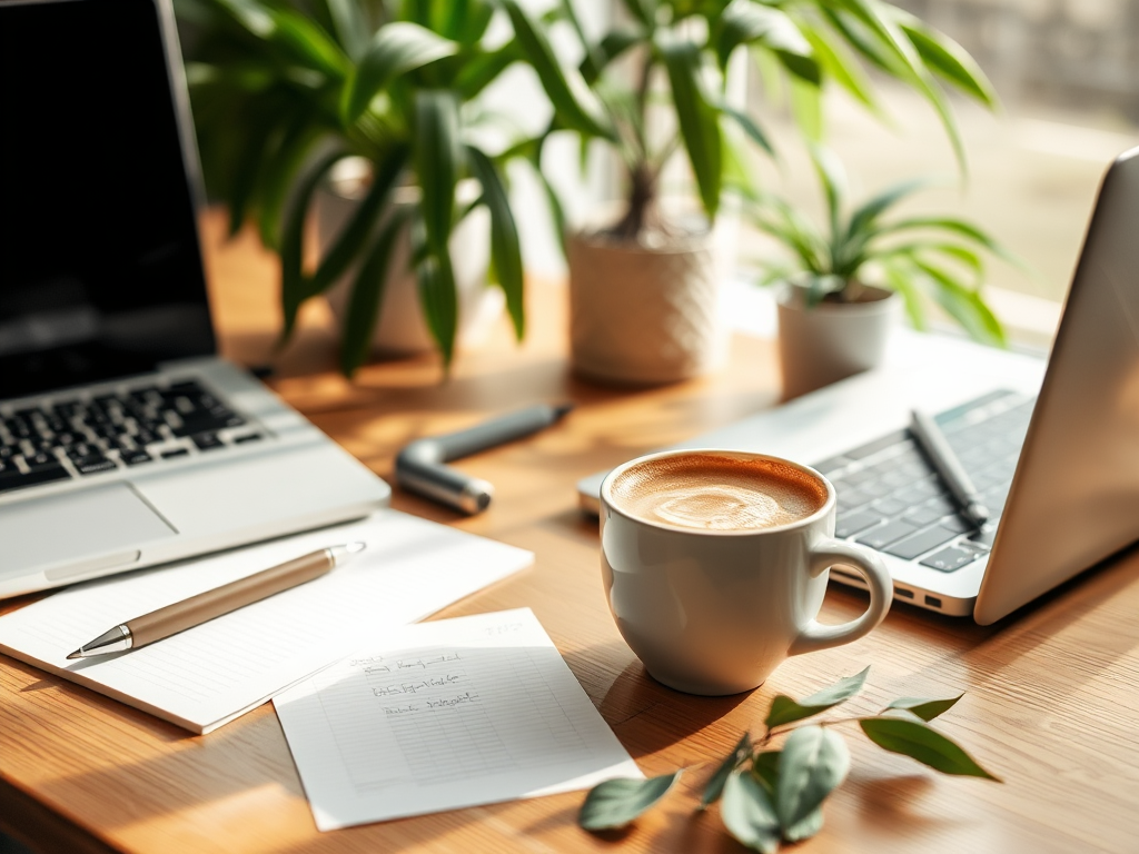 Een serene werkplek met een laptop en koffie.
