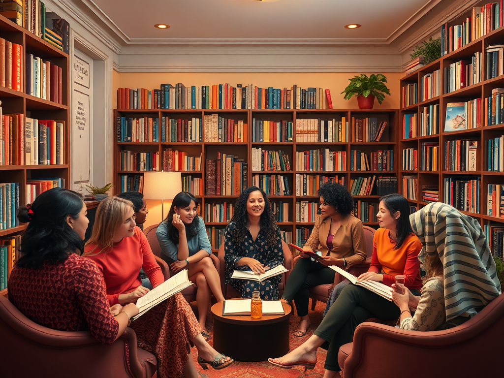 Een gezellige kamer met vrouwen in gesprek, omringd door boeken.