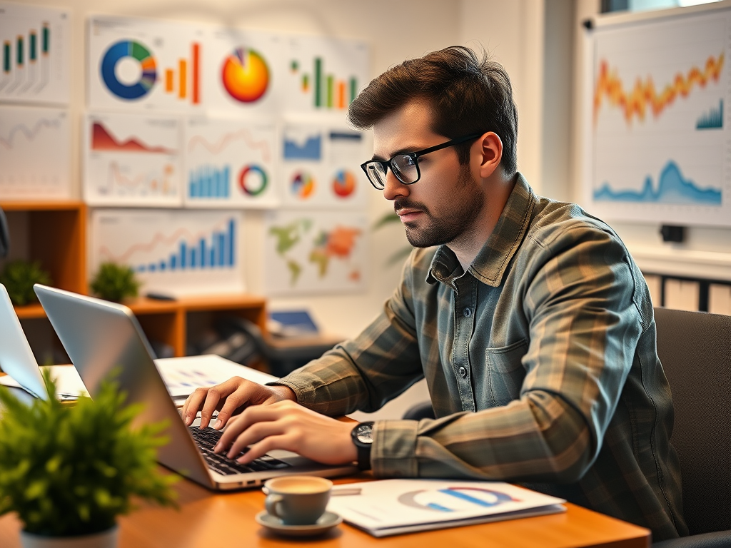 Een persoon analyseert gegevens op een laptop in een kantoor.