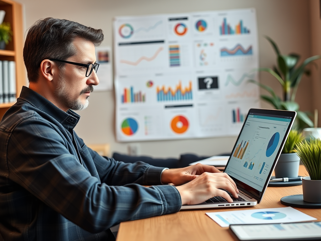 Een persoon analyseert gegevens op een laptop, omgeven door grafieken.