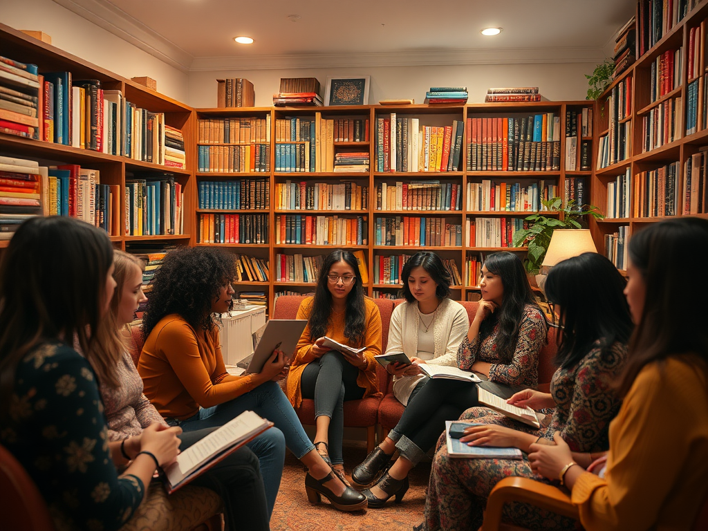 Een gezellige kamer met vrouwen in levendige gesprekken, omringd door boeken.