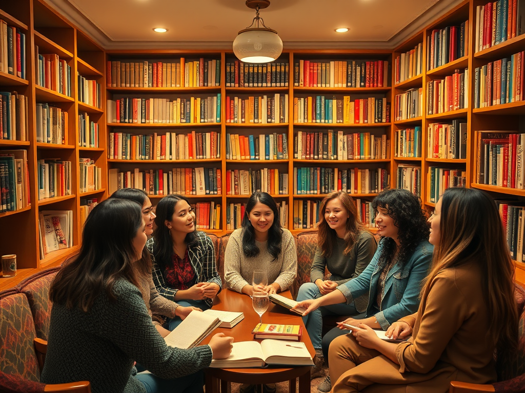 Een gezellige kamer met vrouwen die levendig discussiëren.