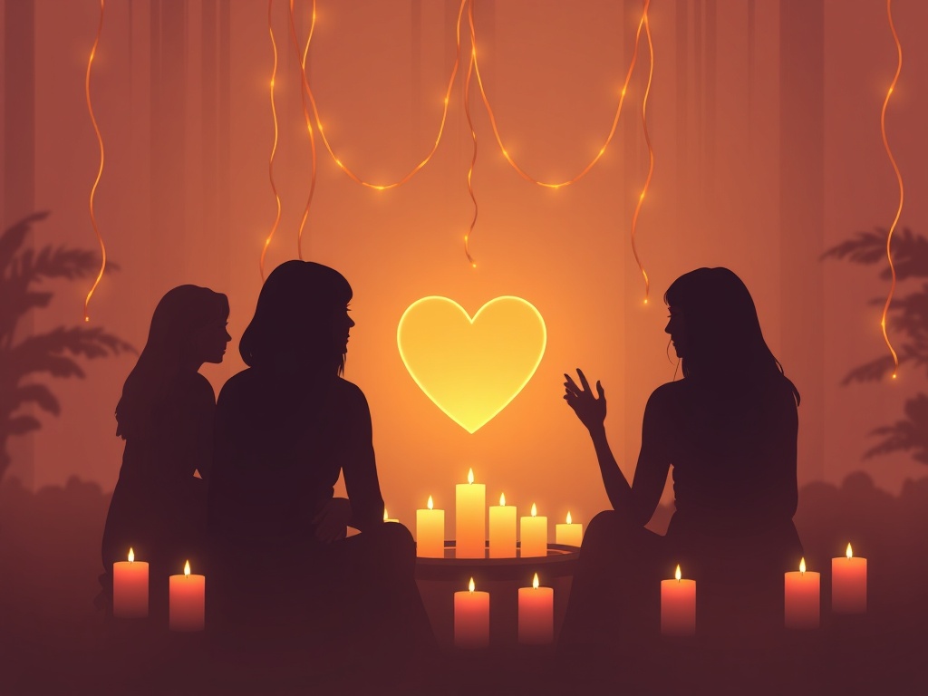 "warm candlelit circle" "women silhouettes in soft pastel hues" "gentle heart-shaped glow at center" "suspended voice-wave light ribbons" "cozy inviting atmosphere".