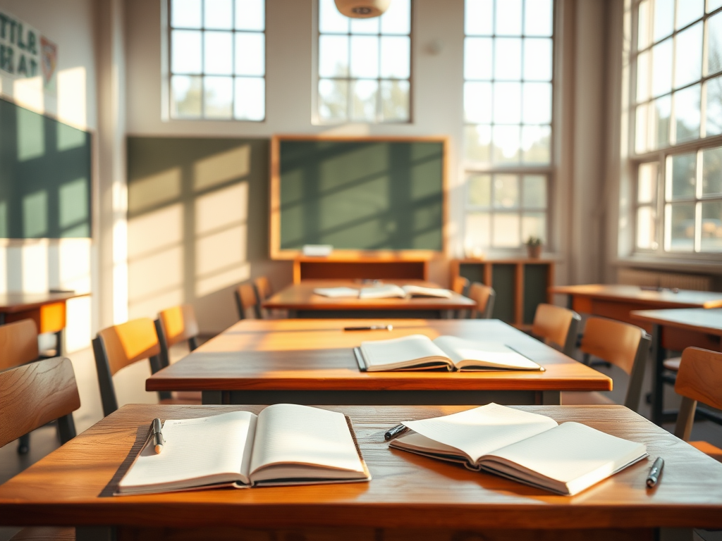 Een rustige klaslokaal met houten tafels en boeken.