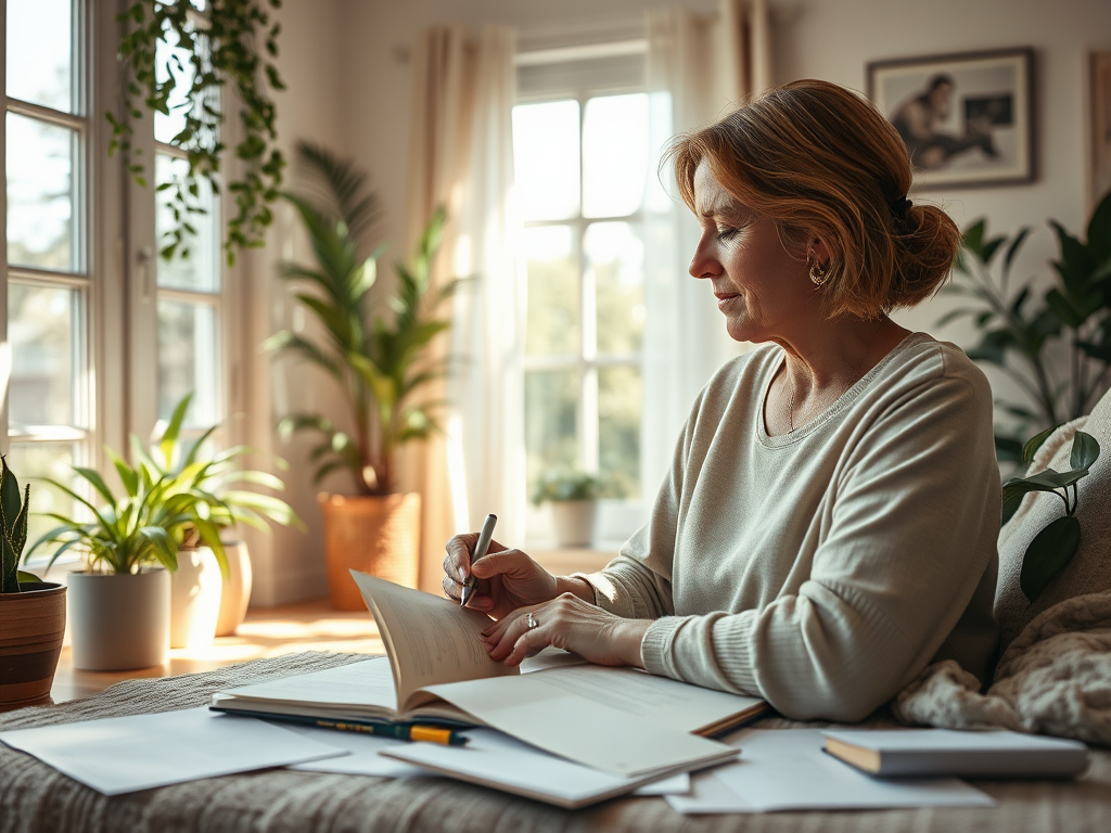 "a cozy, sunlit room" with "a woman in her 40s peacefully writing in a journal" surrounded by "calm nature elements like plants and soft light" and "an open pen and scattered papers" evoking "introspection and creative flow."