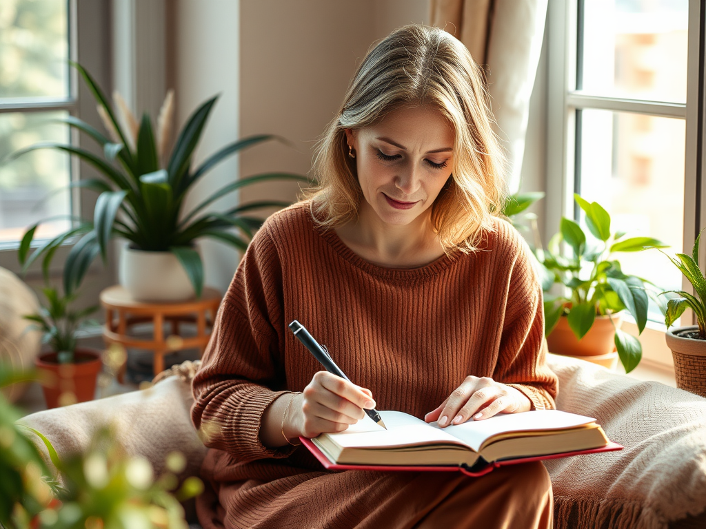 "A serene woman in her 40s writing in a journal" "soft natural light filtering through a window" "calm cozy room with plants and warm tones" "peaceful, introspective atmosphere"