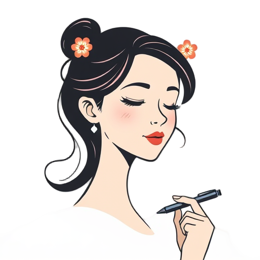 "woman silhouette" "pen writing" "calm expression" "flowing lines" "soft colors" "flower accents"