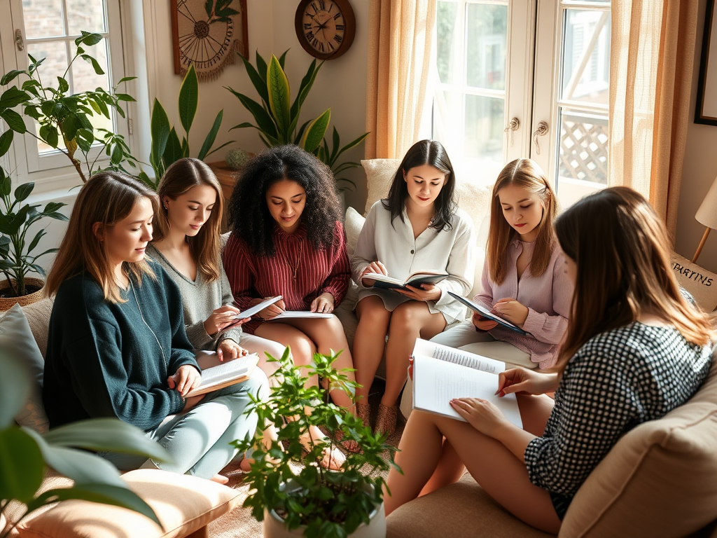 "a diverse group of women in a cozy, sunlit room" "writing journals with peaceful, focused expressions" "soft warm lighting" "plants and comfortable cushions around" "an atmosphere of calm creativity and trust"