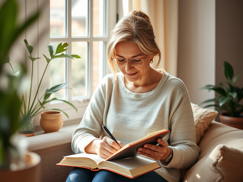 "A serene woman in her 40s writing in a journal" "soft natural light filtering through a window" "calm cozy room with plants and warm tones" "peaceful, introspective atmosphere"