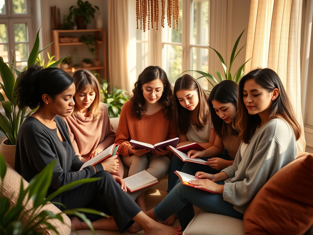"a diverse group of women in a cozy, sunlit room" "writing journals with peaceful, focused expressions" "soft warm lighting" "plants and comfortable cushions around" "an atmosphere of calm creativity and trust"