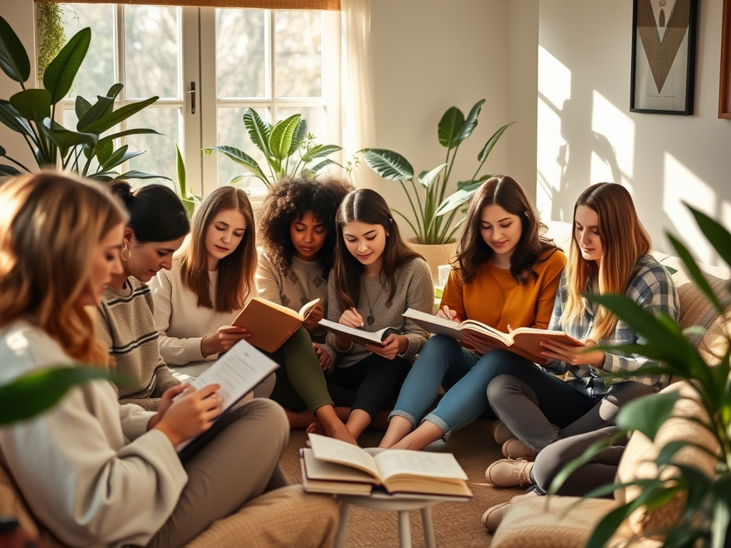"a diverse group of women in a cozy, sunlit room" "writing journals with peaceful, focused expressions" "soft warm lighting" "plants and comfortable cushions around" "an atmosphere of calm creativity and trust"