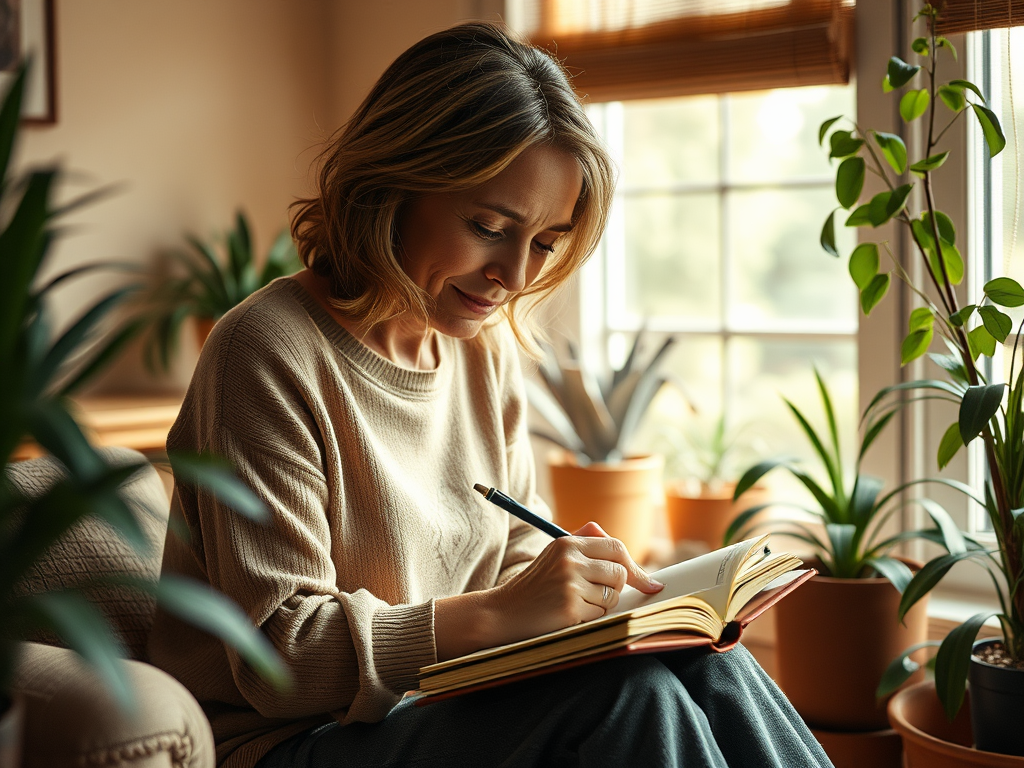 "A serene woman in her 40s writing in a journal" "soft natural light filtering through a window" "calm cozy room with plants and warm tones" "peaceful, introspective atmosphere"